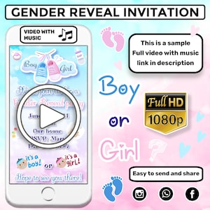 Gender Reveal Party Video Invitation, Gender Reveal Video Card, Animated Invitations, Boy or Girl Electronic Invite, Pink & Blue Theme Evite