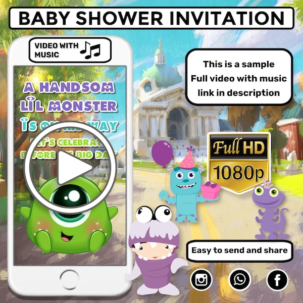 Видео-приглашение на детский праздник Cute Monsters Inc, приглашение на вечеринку Baby Monsters, электронное приглашение на детскую тему, цифровое анимированное приглашение