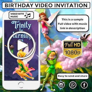 Peut inclure: L'écran d'un smartphone affiche une invitation vidéo d'anniversaire pour Trinity. La vidéo présente une fée de dessin animé avec des ailes vertes et une fleur rose. Le texte "Trinity is turning..." est visible à l'écran. La vidéo est en Full HD 1080p et est facile à envoyer et à partager.