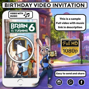 Peut inclure: Une invitation vidéo d'anniversaire mettant en scène les personnages de Judy Hopps et Nick Wilde du film Zootopie. La vidéo est un échantillon et la vidéo complète avec musique est disponible au lien dans la description. La vidéo est en Full HD 1080p et est facile à envoyer et à partager.