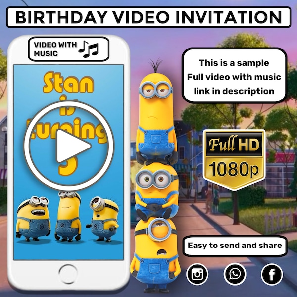 Minions Video Invitation, Despicable Me Birthday Party Invitation, Yellow Theme Electronic Invitation, Kid Invite, Digital Animated Invite
