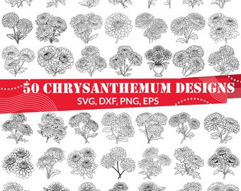 May include: A set of 50 black and white line art illustrations of chrysanthemums. The illustrations are in various styles and sizes, and some feature a vase. The text "50 Chrysanthemum Designs" and "SVG, DXF, PNG, EPS" is included in the image.