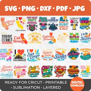 Könnte beinhalten: Eine Sammlung farbenfroher digitaler Designs zum Thema Kalifornien, darunter Sätze wie "California Soul" und "San Diego Vibes". Die Designs zeigen Bilder von Surfbrettern, Palmen und der Umriss des Bundesstaates Kalifornien. Der Text "Ready for Cricut" ist ebenfalls sichtbar.