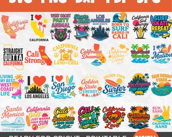 California SVG Bundle | 30 West Coast Quotes and Beach,Sunset,Palm Tree,LA,San Diego,Golden State Designs |Perfect for Cricut & Sublimation