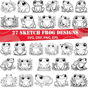 Skizzen-Frosch-SVG-Bundle, Blumen-Frosch-Svg, Frosch-Linienkunst, Waldtier-Svg, Eichhörnchen-Frosch-Svg, Frosch-Umriss, Frosch zum Ausdrucken, lustiger Frosch