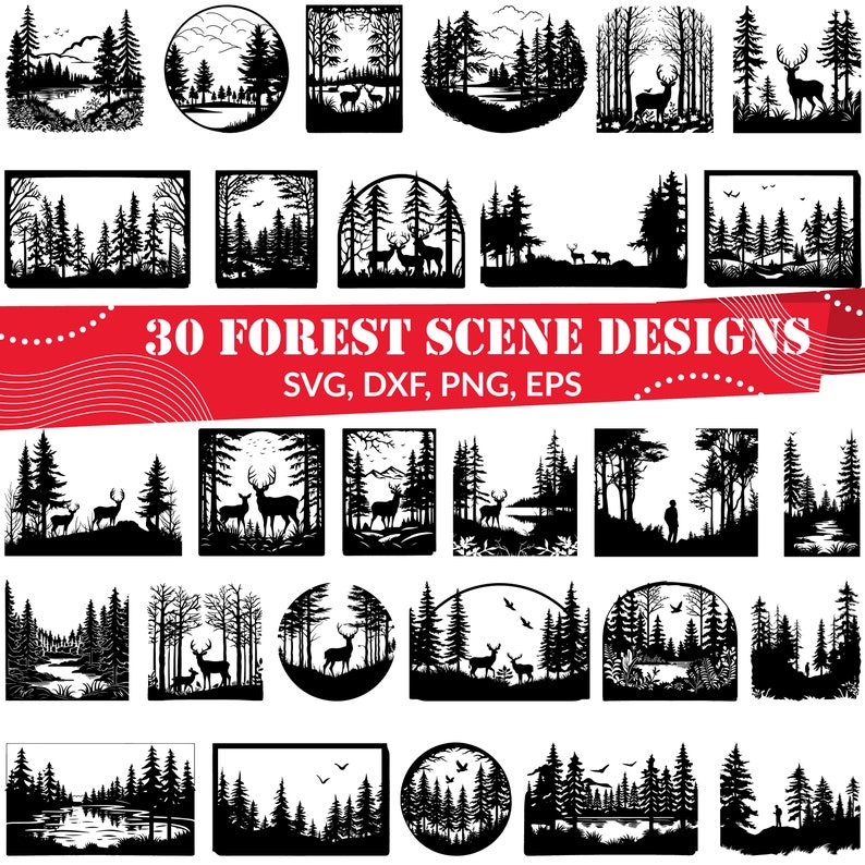 K&ouml;nnte beinhalten: Ein Set mit 30 Schwarzwei&szlig;-Designs von Waldszenen mit Hirschen, B&auml;umen und Seen. Die Designs sind in verschiedenen Formen, darunter Kreise, Quadrate und Rechtecke. Der Text "30 FOREST SCENE DESIGNS" und "SVG, DXF, PNG, EPS" ist in Rot dargestellt.