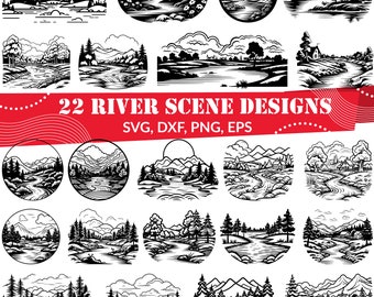 川の風景 SVG バンドル、川の風景 dxf、川の風景、川の風景 png、川の風景 ベクター、川の風景 ウォール アート、川の山 svg