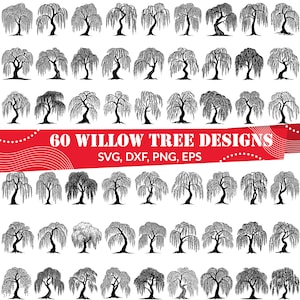 May include: A set of 60 black and white willow tree designs. The designs are in a variety of styles, including simple outlines and more detailed illustrations. The text "60 Willow Tree Designs" and "SVG, DXF, PNG, EPS" is displayed on a red ribbon.