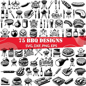 Op de afbeelding: Een set van 75 zwart-witte BBQ-ontwerpen, inclusief grillgereedschap, eten en tekst. De ontwerpen zijn perfect voor het maken van aangepaste T-shirts, mokken en andere knutselprojecten.