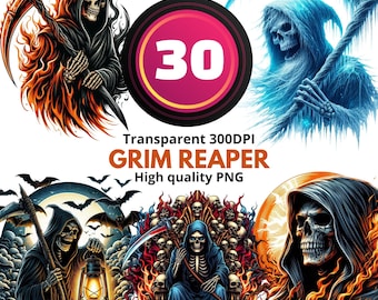 30 imágenes PNG de la Parca: paquete de imágenes prediseñadas de calavera oscura, arte de terror de guadaña de la muerte, sublimación de esqueleto gótico, conjunto de imágenes PNG de la Parca espeluznante