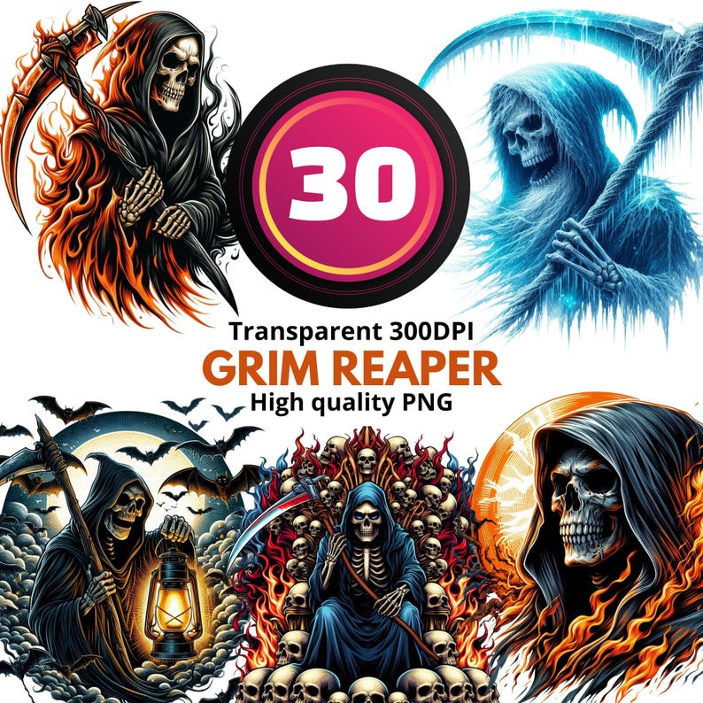 May include: A collection of Grim Reaper illustrations in various styles. The images feature the Grim Reaper with a scythe, cloaked in black or blue, with fiery or icy effects. The text "GRIM REAPER" and "30" are also present.