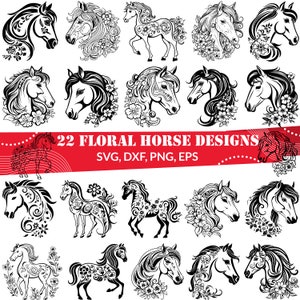 Floral paard SVG-bundel, Floral Horse Head svg, Floral paard dxf, Floral paard png, Floral paard eps, Floral paard vector, paardenliefhebber svg