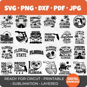 May include: A collection of black and white Florida-themed designs, including phrases like "Florida Mom," "Florida Bound," and "Florida Coast." The designs feature palm trees, beaches, and the state outline. The image also includes the text "Ready for Cricut, Printable, Digital Download."