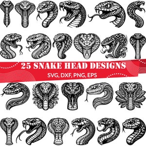 Op de afbeelding: 25 zwart-witte slanghoofdontwerpen. De slangkoppen zijn in verschillende poses, waaronder open mond, gesloten mond en opgerold. De tekst "25 SNAKE HEAD DESIGNS" staat bovenaan de afbeelding, en de tekst "SVG, DXF, PNG, EPS" staat eronder.