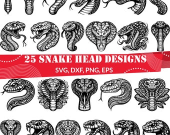 May include: 25 black and white snake head designs. The snake heads are in various poses, including open mouths, closed mouths, and coiled. The text "25 SNAKE HEAD DESIGNS" is at the top of the image, and the text "SVG, DXF, PNG, EPS" is below it.
