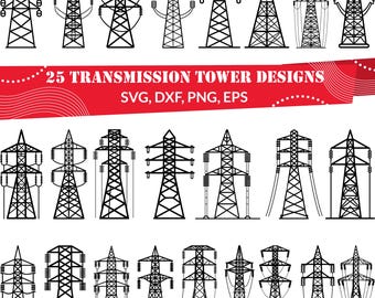 Transmissietoren-SVG | Powerline-clipart png-bestand | Elektrische toren silhouet DXF | Hoogspanningsbestanden voor Cricut en lasersnijden