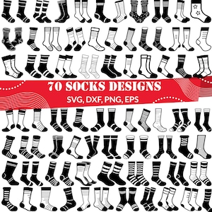 Pode incluir: Um conjunto de 70 desenhos de meias em preto e branco. Os desenhos incluem vários padrões, como listras, bolinhas e estrelas. O texto "70 Socks Designs" e "SVG, DXF, PNG, EPS" está incluído na imagem.