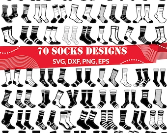 Puede incluir: Un conjunto de 70 diseños de calcetines en blanco y negro. Los diseños incluyen varios patrones, como rayas, lunares y estrellas. El texto "70 Socks Designs" y "SVG, DXF, PNG, EPS" está incluido en la imagen.