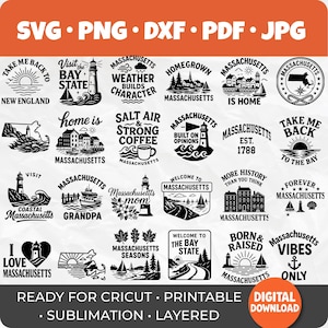 May include: A collection of black and white Massachusetts-themed SVG, PNG, DXF, PDF, and JPG digital designs. The designs include lighthouse, coastal, and state-related graphics, with phrases like "Welcome to Massachusetts" and "Take Me Back to the Bay."