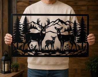 Deer Family Laser Files SVG DXF, Forest Mountain Landscape Wall Art, Buck Doe Fawn