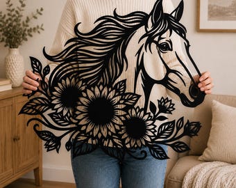 Paard zonnebloem lasergesneden bestand SVG DXF, bloemen paard muur kunstontwerp, Equestrian Glowforge