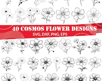 Cosmos Flower svg Bundle | 40 Wildflower Line Art Designs | Floral Cut File for Cricut