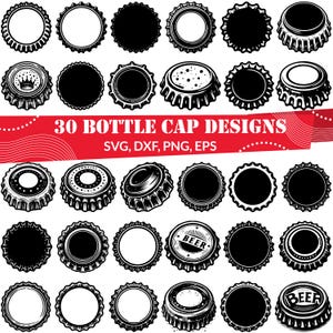 May include: A set of 30 black and white bottle cap designs. The designs include various styles, including plain, with a crown, with the word "beer", and with a textured surface. The designs are perfect for crafting projects, such as creating custom bottle openers, keychains, or earrings.