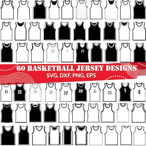 Könnte beinhalten: Sechzig schwarze und weiße Basketballtrikots mit den Nummern 1, 4, 5, 6, 11, 12, 20, 22, 23. Die Trikots sind in einem Raster angeordnet. Der Text "60 BASKETBALL JERSEY DESIGNS" und "SVG, DXF, PNG, EPS" befindet sich oben im Bild.
