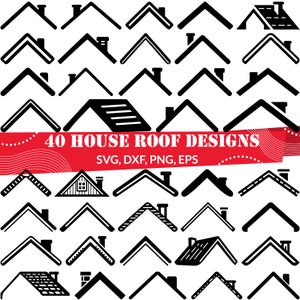 Puede incluir: Un conjunto de 40 diseños de techos de casas en blanco y negro. Los diseños son de varios estilos, incluidos techos a dos aguas, a cuatro aguas y a mansarda. El texto "40 HOUSE ROOF DESIGNS" está escrito en rojo en la parte superior de la imagen. Debajo del texto está "SVG, DXF, PNG, EPS".