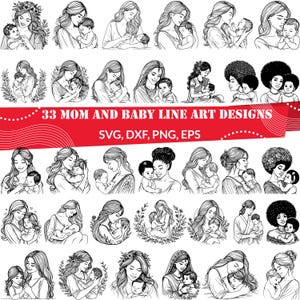 ママと赤ちゃんのラインアート SVG | 母と子のクリップアート | ミニマリストの家族デザイン