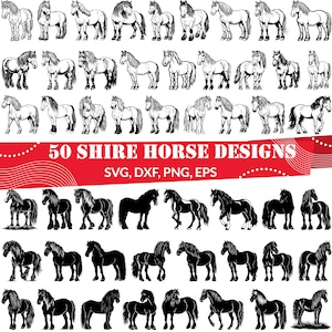 以下が含まれることがあります： さまざまなポーズをとった、黒と白のシルエットデザインのシャイヤー馬が50匹。デザインは、カット、エッチング、印刷などのクラフトプロジェクトに最適です。