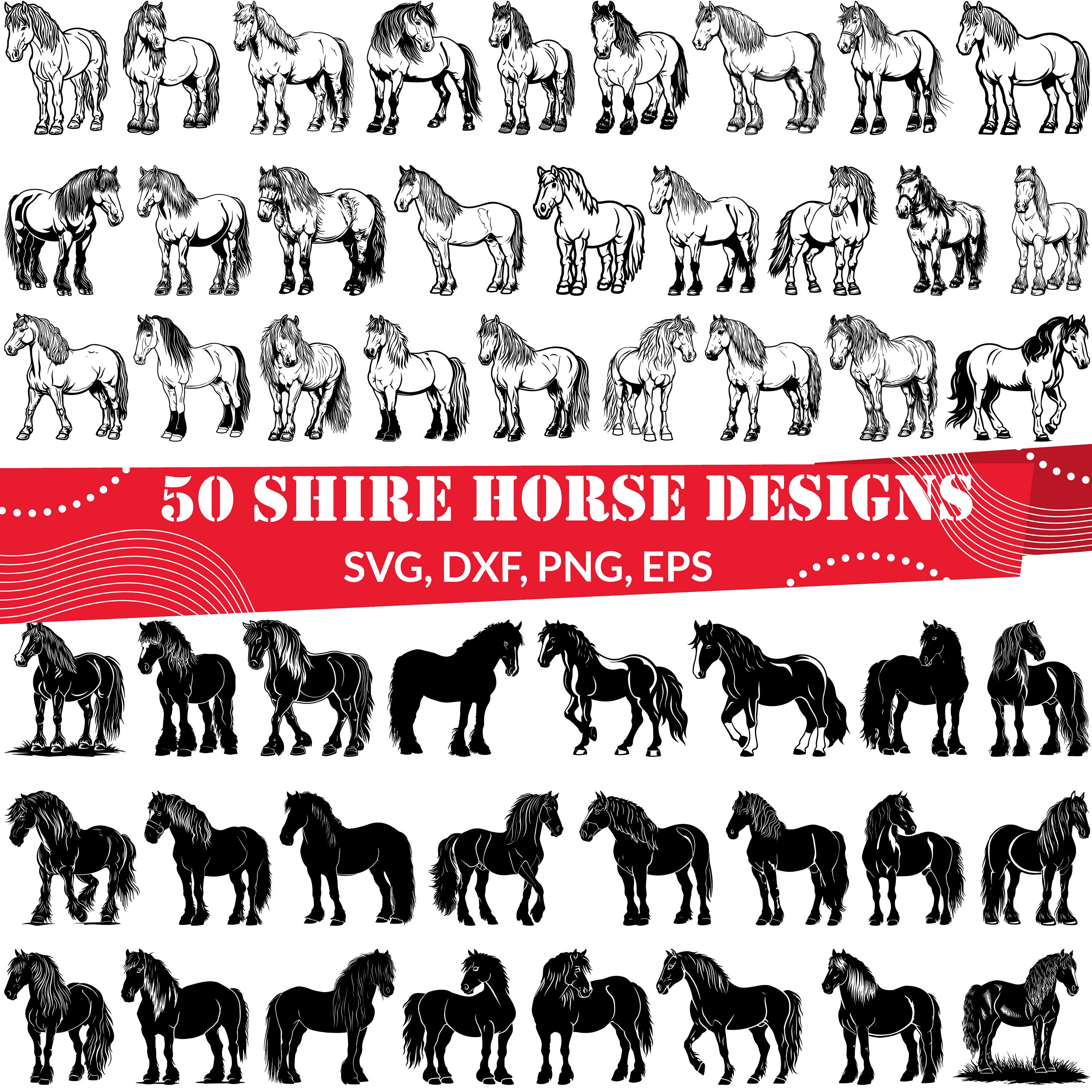 Shire Horse SVG PNG DXF for Cricut and Silhouette | Draft Horse Clipart | Majestic Farm Animal Cut File | Equestrian Horse Lover Design