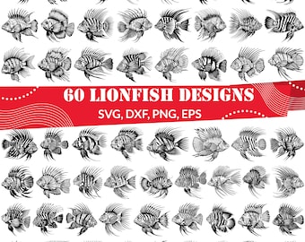 60 Lionfish SVG Bundle, Tropical Fish Clipart, Marine Life Vector, Exotic Sea Creature Silhouette, Ocean Fishing Art, Cricut & Laser Cut
