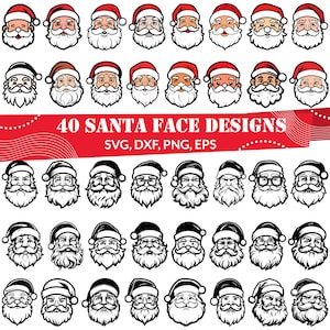 May include: A collection of 40 Santa Claus face designs in various styles. Each design features a red Santa hat, a white beard, and a different facial expression. The text "40 SANTA FACE DESIGNS" is displayed in white on a red banner.