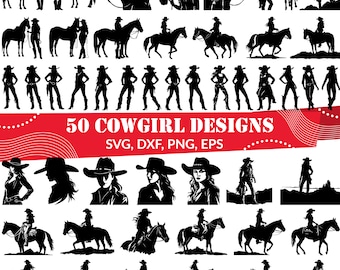 Könnte beinhalten: Ein Set mit 50 Schwarzweiß-Silhouetten-Designs mit Cowgirls auf Pferden, beim Reiten und Stehen. Die Designs sind mit "50 COWGIRL DESIGNS SVG, DXF, PNG, EPS" gekennzeichnet.