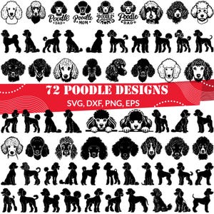 Puede incluir: Un conjunto de 72 diseños de silueta de caniche en blanco y negro en varias poses, incluyendo de pie, sentado y acostado. Los diseños son perfectos para proyectos de manualidades, como cortar vinilo, papel o tela.