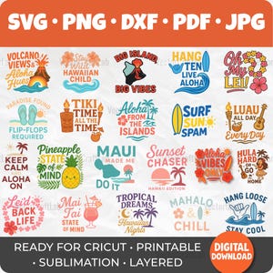 Hawaii SVG Bundle for Cricut, Tropical Vacation, Summer Beach Quotes, Aloha Vibes Sublimation, Surf Luau Tiki Cut Files, Printable Hawaii