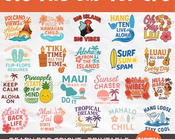 Hawaii SVG Bundle for Cricut, Tropical Vacation, Summer Beach Quotes, Aloha Vibes Sublimation, Surf Luau Tiki Cut Files, Printable Hawaii