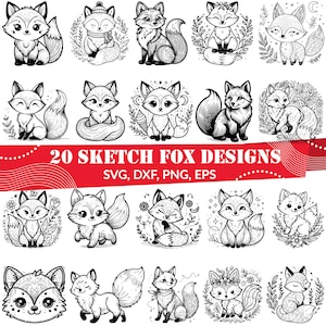 May include: A set of 20 black and white sketch illustrations of foxes in various poses. The foxes are surrounded by floral and other decorative elements. The text "20 SKETCH FOX DESIGNS" is displayed above the images. The text "SVG, DXF, PNG, EPS" is displayed below the images.