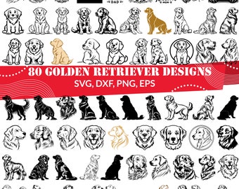 Puede incluir: Un conjunto de 80 diseños digitales con perros golden retriever en varias poses y estilos. Los diseños incluyen ilustraciones en color y en blanco y negro. El texto "80 Golden Retriever Designs" y "SVG, DXF, PNG, EPS" se muestra en la parte superior de la imagen.
