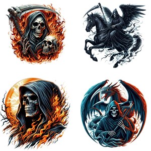 May include: Four circular illustrations of the Grim Reaper. One shows the Reaper with a scythe and skull, surrounded by flames. Another depicts the Reaper riding a black horse with wings. The other two show the Reaper with a skull and flames, and the Reaper with a dragon.