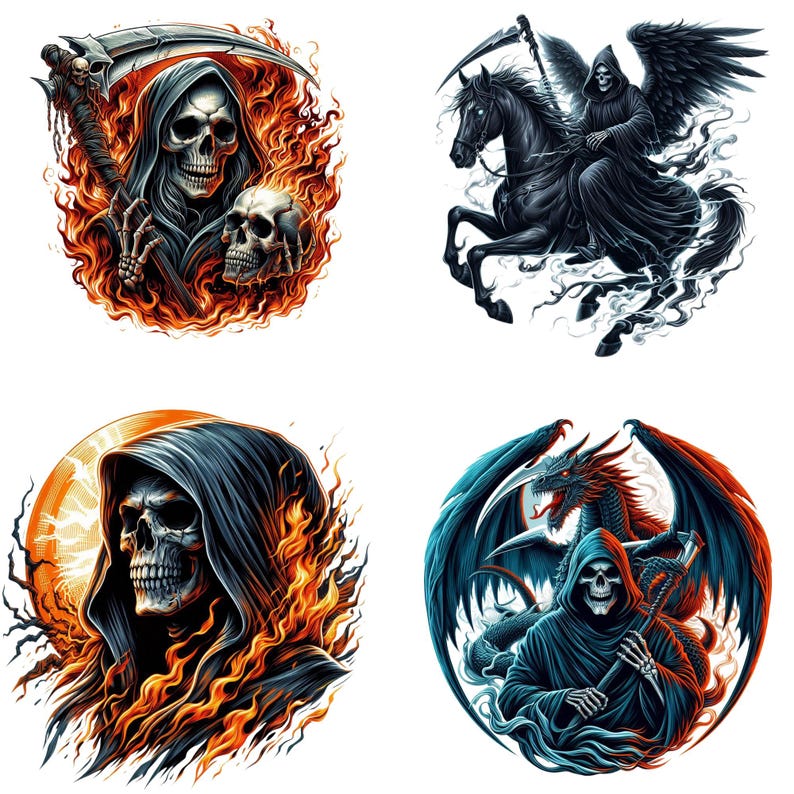 May include: Four circular illustrations of the Grim Reaper. One shows the Reaper with a scythe and skull, surrounded by flames. Another depicts the Reaper riding a black horse with wings. The other two show the Reaper with a skull and flames, and the Reaper with a dragon.