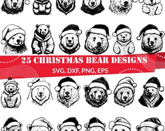 Puede incluir: Una colección de 25 diseños de osos navideños en blanco y negro, cada uno con un gorro de Papá Noel. Los osos varían en estilo, algunos con pelaje detallado y otros con contornos más simples. Texto: "25 CHRISTMAS BEAR DESIGNS" y opciones de tipo de archivo.