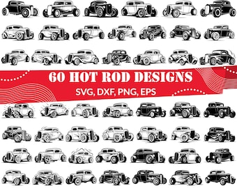 Puede incluir: Sesenta ilustraciones en blanco y negro de coches hot rod en varios estilos. Las ilustraciones son de estilo vintage y presentan detalles como llamas, rayas finas y acentos cromados. El texto "60 HOT ROD DESIGNS" y "SVG, DXF, PNG, EPS" se muestra en la parte inferior de la imagen.