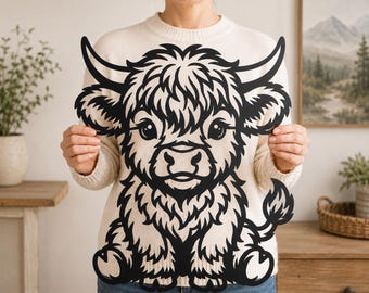 Highland Cow Laser Cut File SVG DXF, Baby Cow Wall Art Design, Shaggy Calf