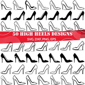 Höga klackar SVG-paket, 50 stilettskodesigner, modeklippfiler för Cricut Silhouette
