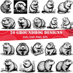 May include: Twenty black and white illustrations of groundhogs in various poses. The illustrations are in a vintage style and are perfect for use in crafts, scrapbooking, or digital design. The text "20 Groundhog Designs" and "SVG, DXF, PNG, EPS" is displayed on a red banner.