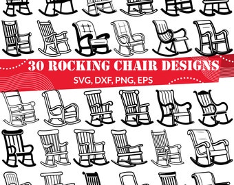 May include: A set of 30 black and white rocking chair designs. The designs are in a variety of styles, including traditional, modern, and whimsical. The designs are perfect for use in crafting projects, such as cutting, etching, or engraving.