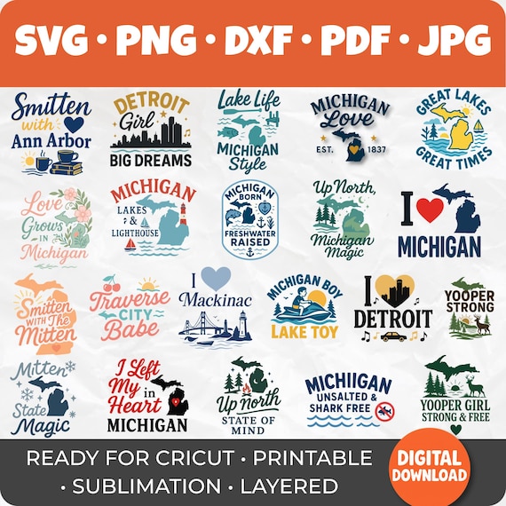 Michigan SVG Bundle for Cricut, Lake Life, Detroit Michigan Quotes Cut Files, Mackinac Sublimation Designs, Great Lakes Printable