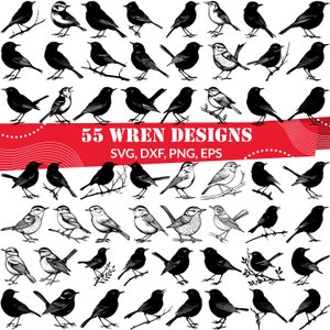 May include: A set of 55 black and white wren bird illustrations. The illustrations are in various poses and are perfect for crafting projects, scrapbooking, or digital design.